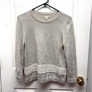 J.Crew Sweater, Gray Crew Neck, Merino Wool Blend, Lace Accent, Women's Size S